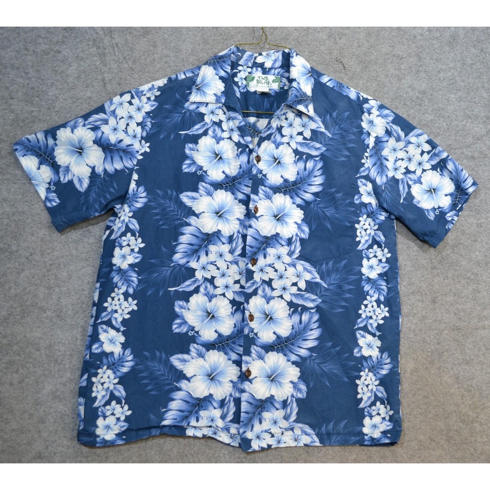 Two Palms Shirt Mens M Blue Floral Hawaiian Short Sleeve Cotton Made Hawaii USA